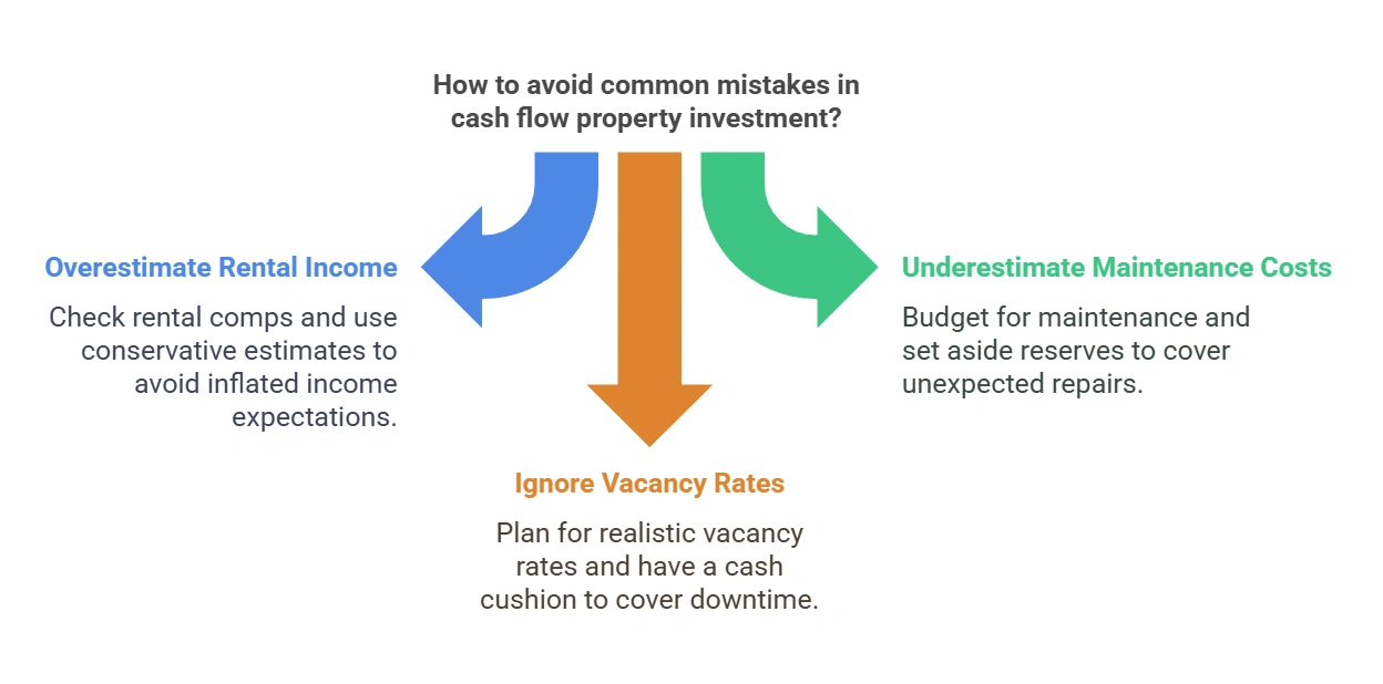 Avoid These Mistakes in Cash Flow Property Investment Three common mistakes in cash flow property investment: Overestimating rental income, underestimating maintenance costs, and ignoring vacancy rates. Each mistake is represented with a directional arrow and a short description.