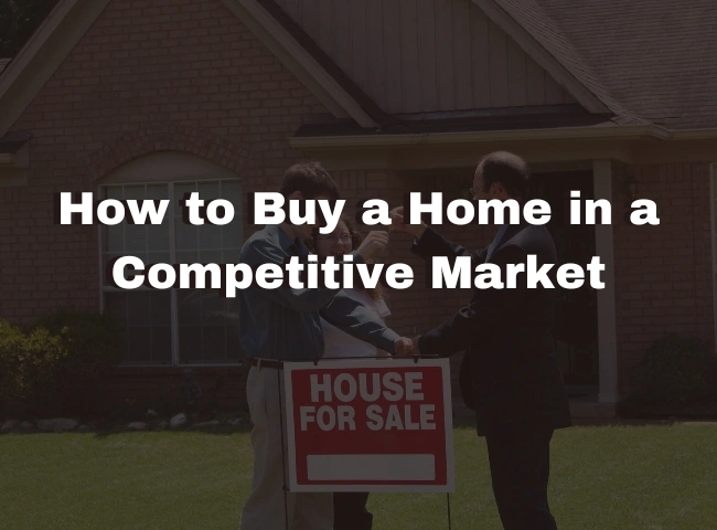 How to Buy a Home in a Competitive Market – Winning Strategies for Buyers Illustration showing strategies for buying a home in a competitive market, including strong financing, quick decision-making, and negotiation tactics.