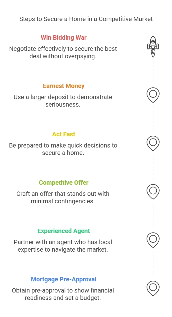 Key Steps to Win a Home in a Hot Housing Market – Tips for Buyers Infographic outlining key steps to win a home in a hot housing market, including mortgage pre-approval, competitive offers, and working with a real estate agent.