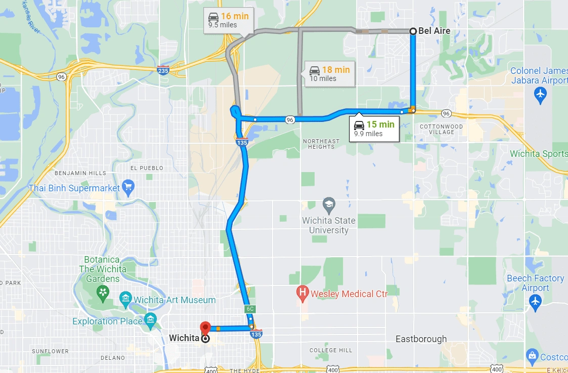 Distance of Wichita to Bel Aire, Kansas