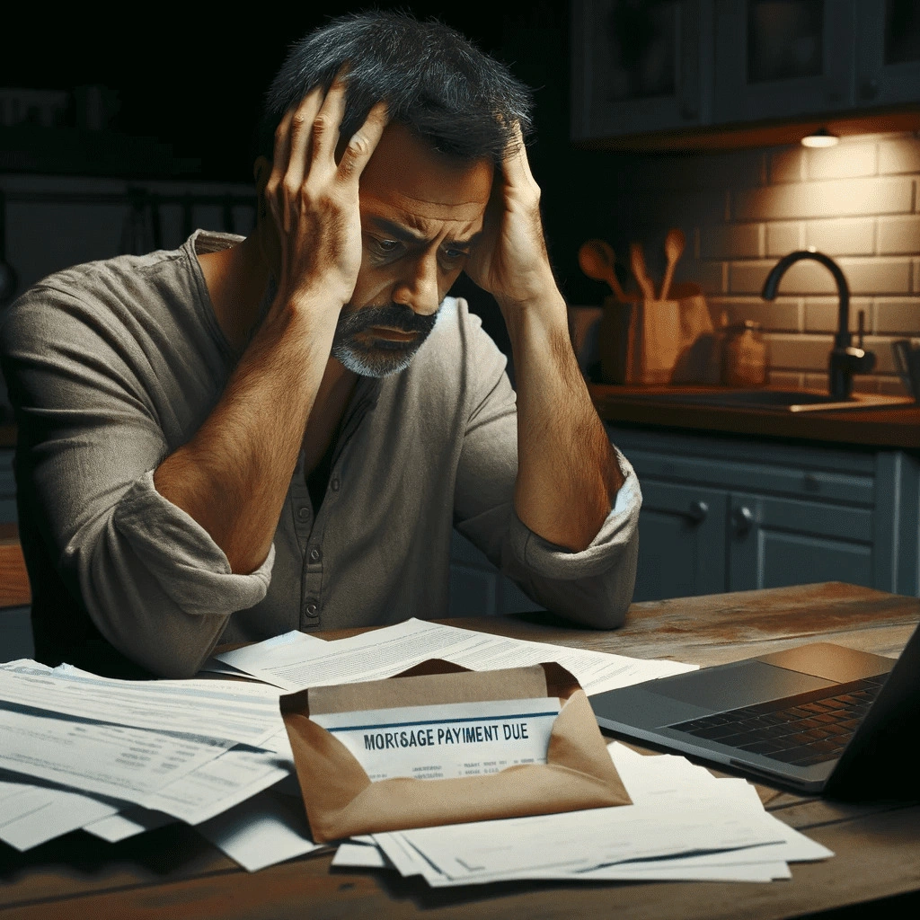 A view of a man thinking about his late mortgage payments