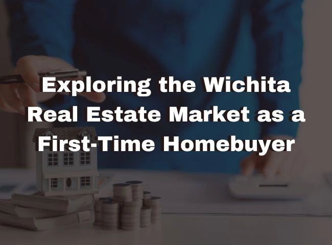 Exploring the Wichita real estate market as a first-time homebuyer – key insights and essential tips. A person in a blue shirt using a calculator with a small house model and stacked coins in the foreground, symbolizing financial planning for first-time homebuyers in Wichita.