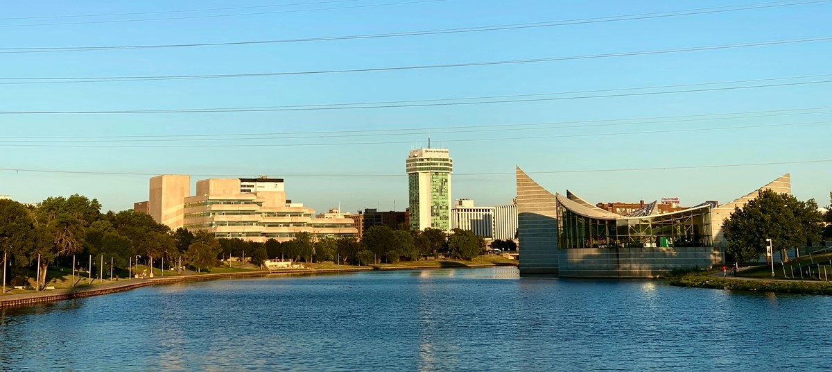 Downtown Wichita skyline and Exploration Place on the Arkansas River, next to the Delano neighborhood