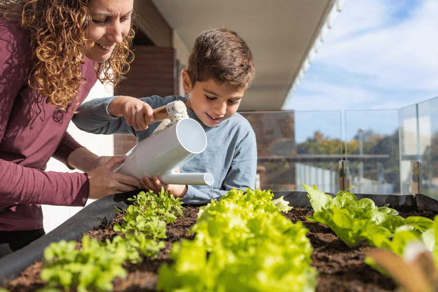 Family gardening their veggies in a simple garden