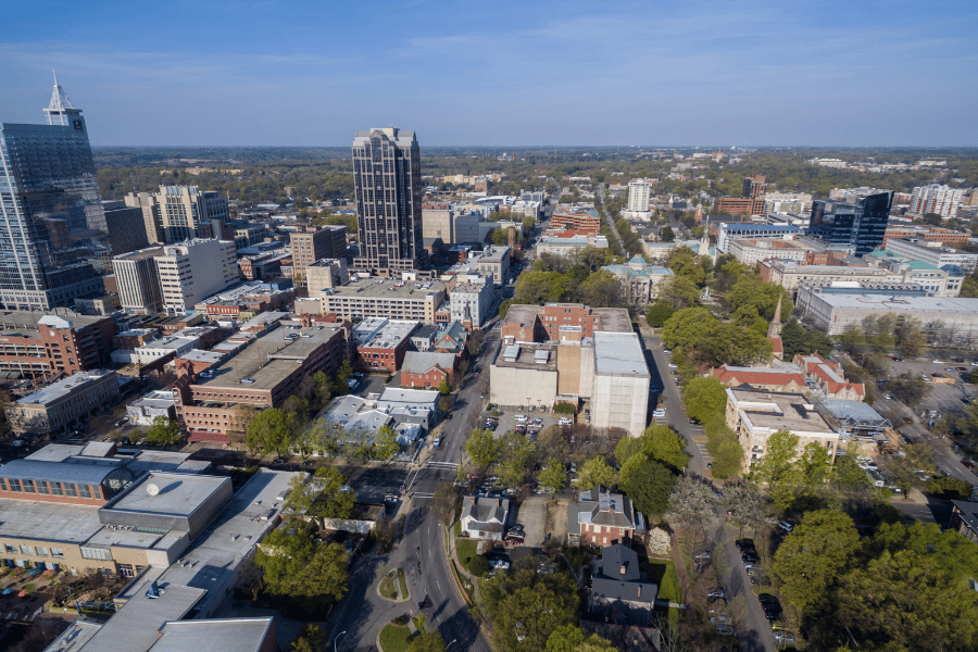 the skyline of Downtown Raleigh on a beautiful day