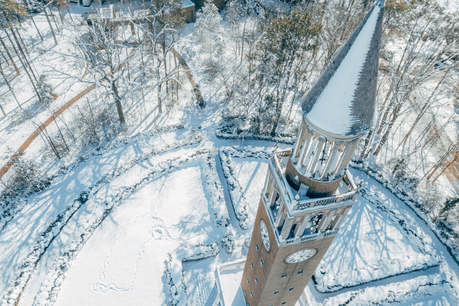 UNC Chapel Hill in winter covered in snow