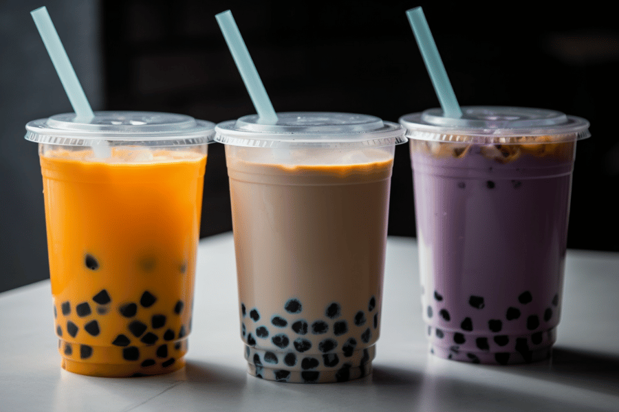 Three cups of colorful boba milk tea