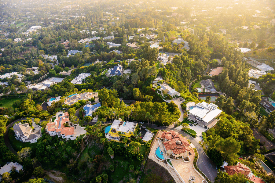Beverly Hills aerial view with large homes and lush greenery