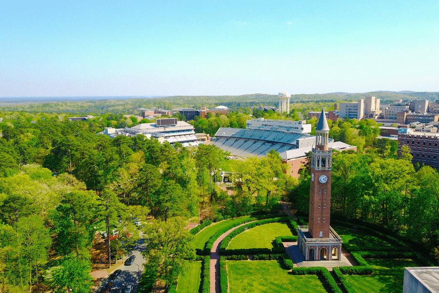 Aerial view of UNC Chapel Hill campus in the Summer with lots of greenery