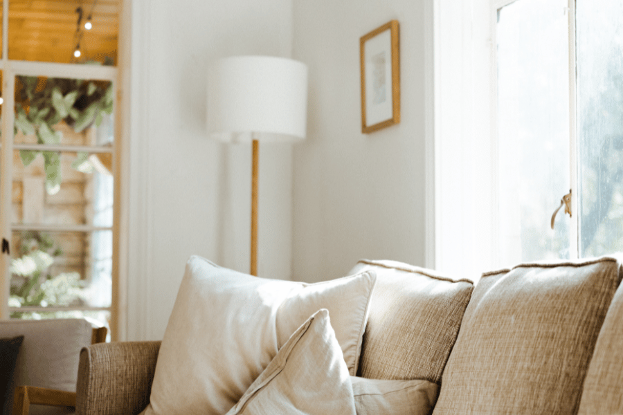 natural light shining through the living room window on the couch