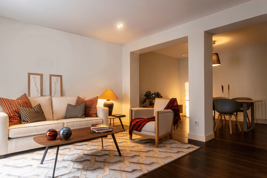 Living room with cozy warm lighting and lamps  