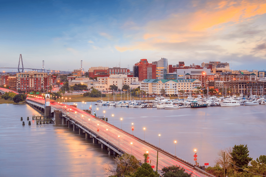 beautiful skyline in Charleston, South Carolina, over the water 