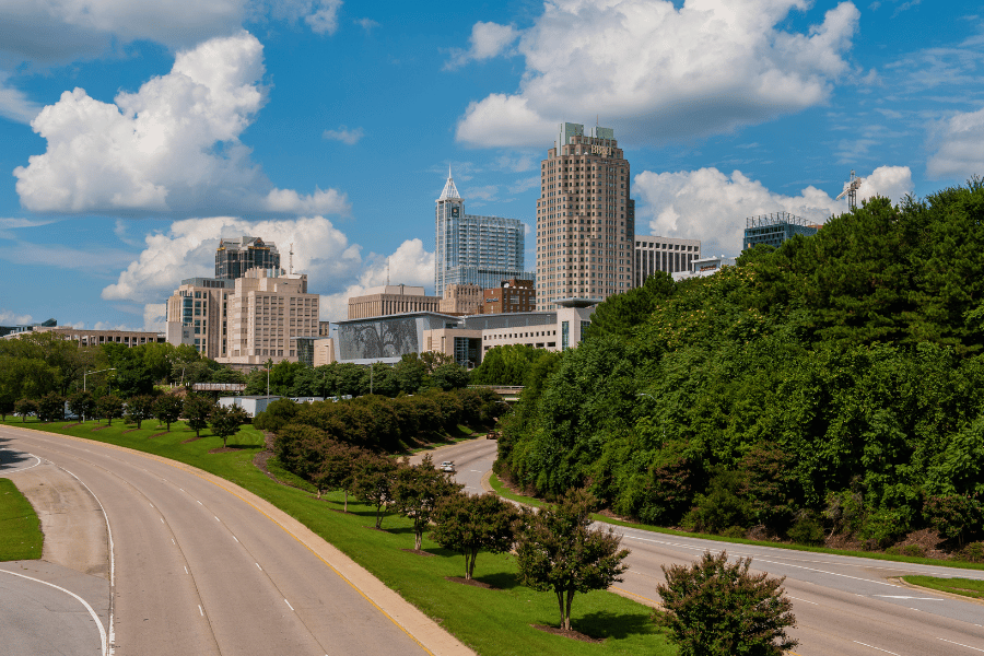 Downtown Raleigh overview from road of buildings in background