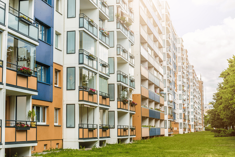 Apartment living building view of balconies