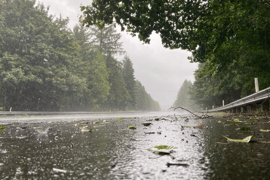 Rainy weather in Raleigh NC in the road