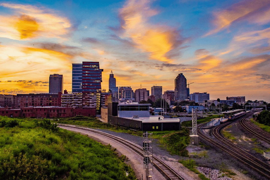 Sunset in overview of downtown Raleigh NC
