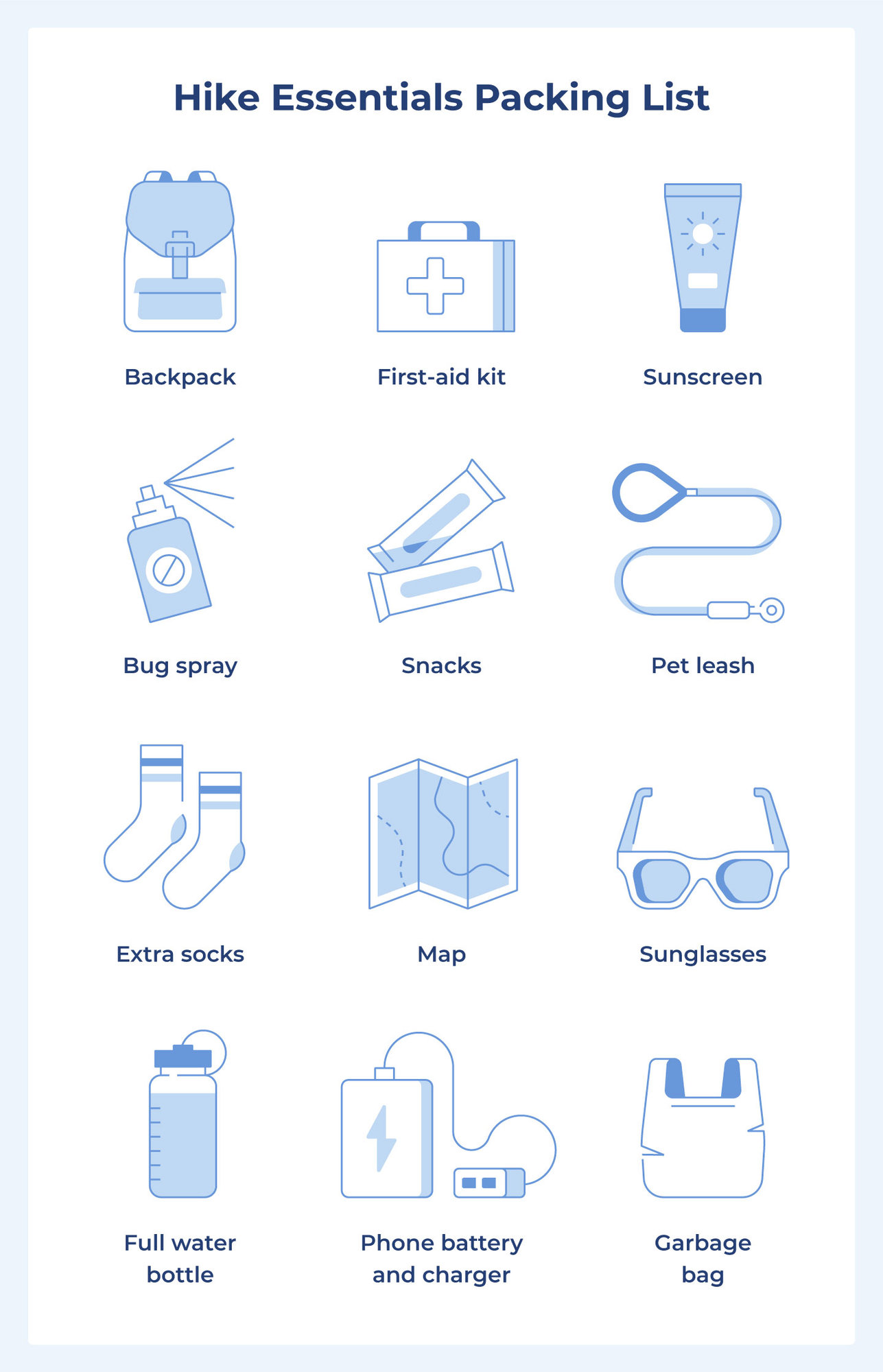 If you’re hiking, be sure to bring a backpack, full water bottle, sunscreen, snacks, a garbage bag, a pet leash, a phone battery and charger, a map, sunglasses, extra socks, and a first aid kit.