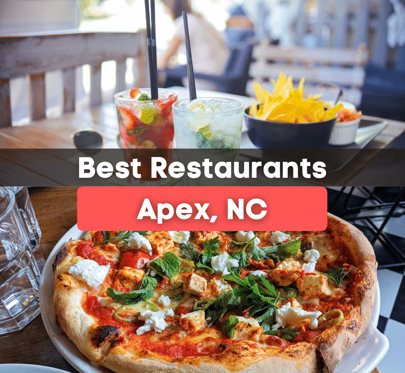 Homemade pizza and a table in a restaurant with drinks and chips 
