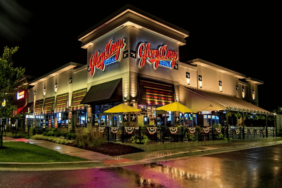 entrance of glory days grill at night