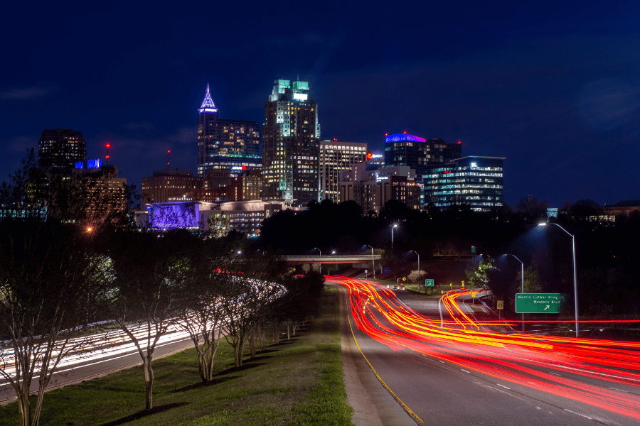 Driving in Downtown Raleigh NC view at night