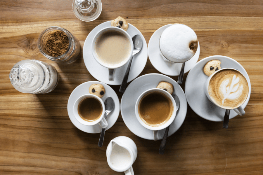 Coffee cups on wood table 