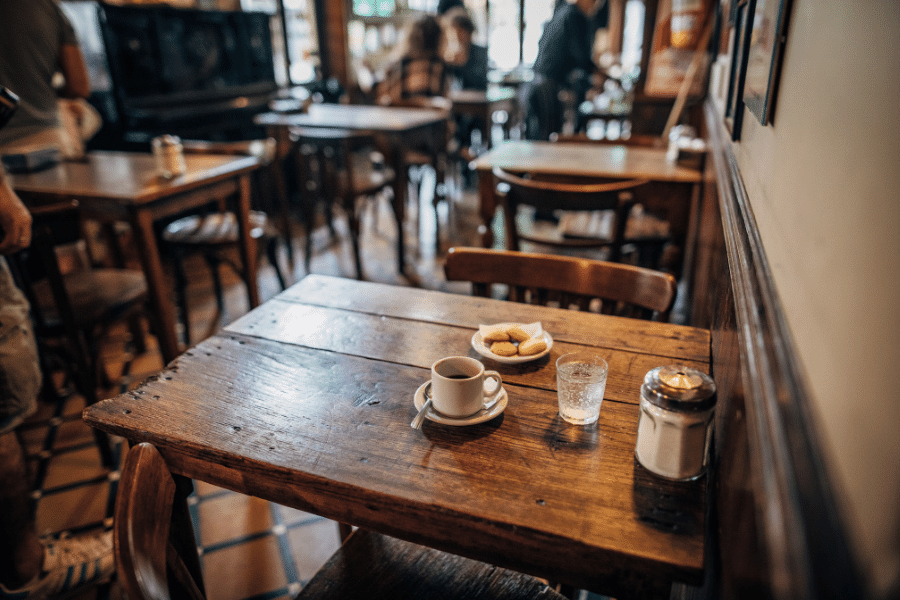 coffee shop with wood tables