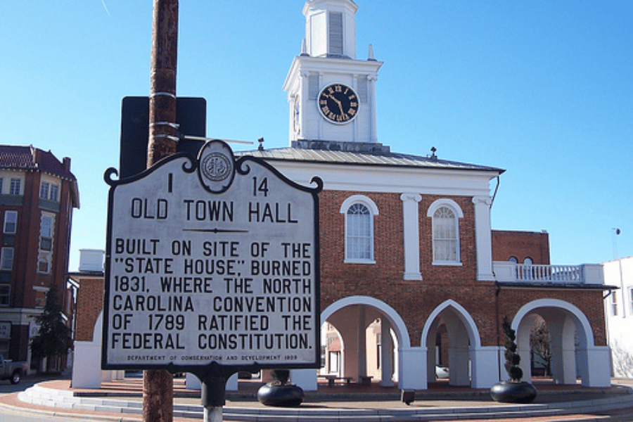 old town fayetteville with old town hall and historic sign out front
