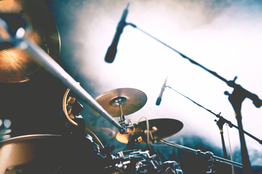 Cool drum set on stage with microphones 