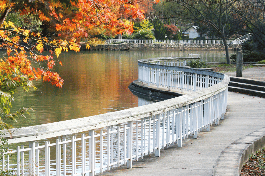 Pullen Park Raleigh NC pathway with orange trees and water