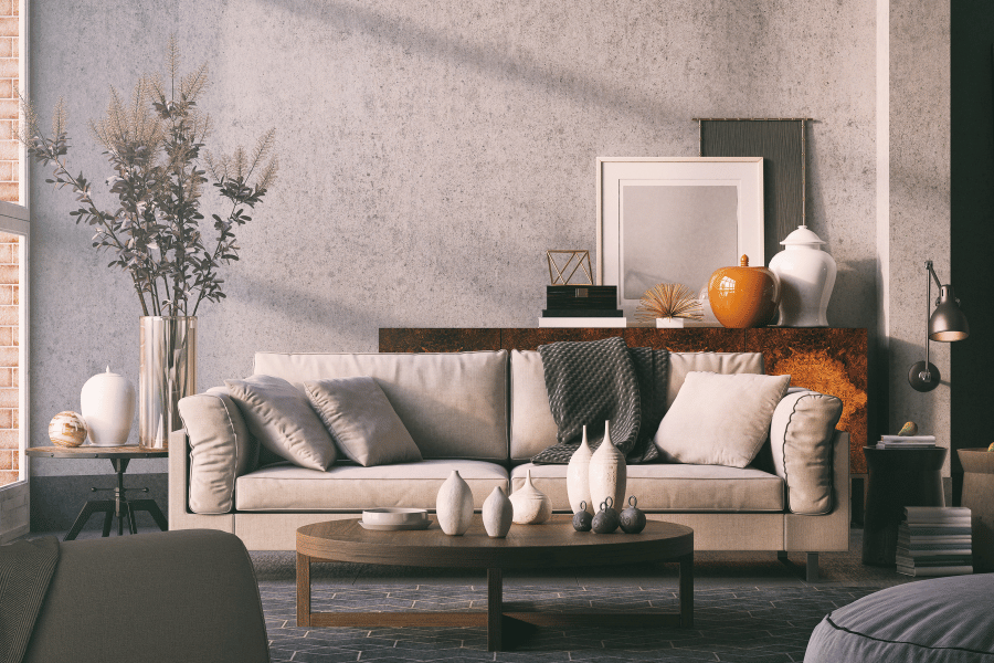 interior of a home with gray couch and gray walls