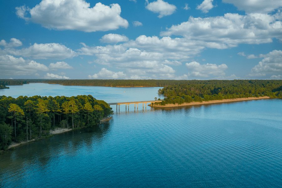 Jordan Lake sunset with bridge and trees