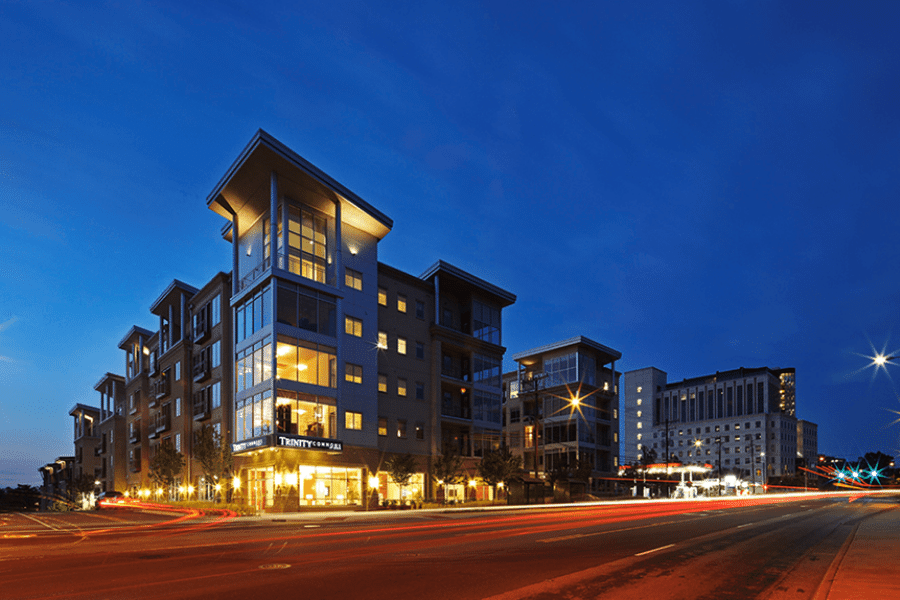 The Trinity Commons Apartment at night in Durham, NC