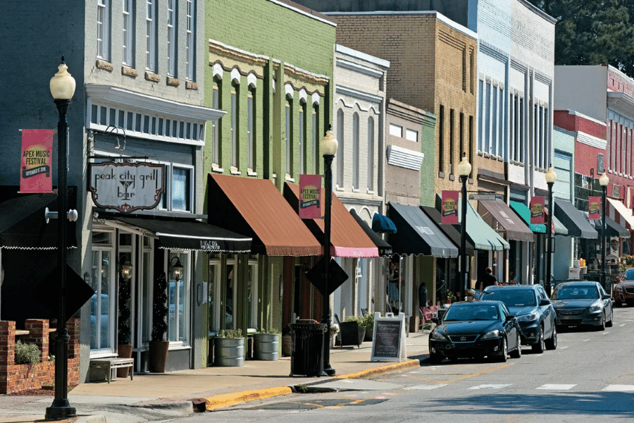 downtown apex colorful buildings