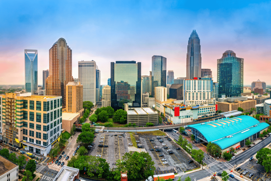 Charlotte, NC skyline buildings during sunset downtown