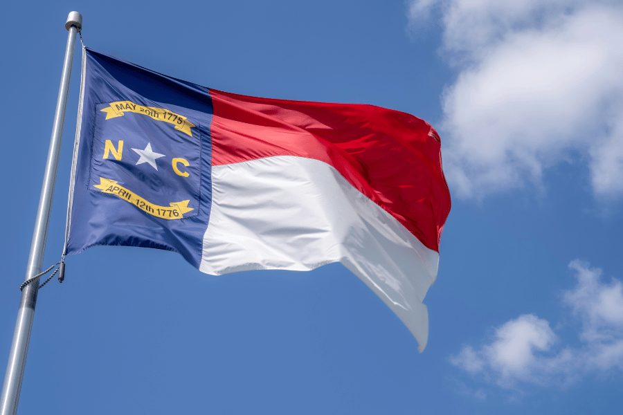 North Carolina state flag blowing in the wind