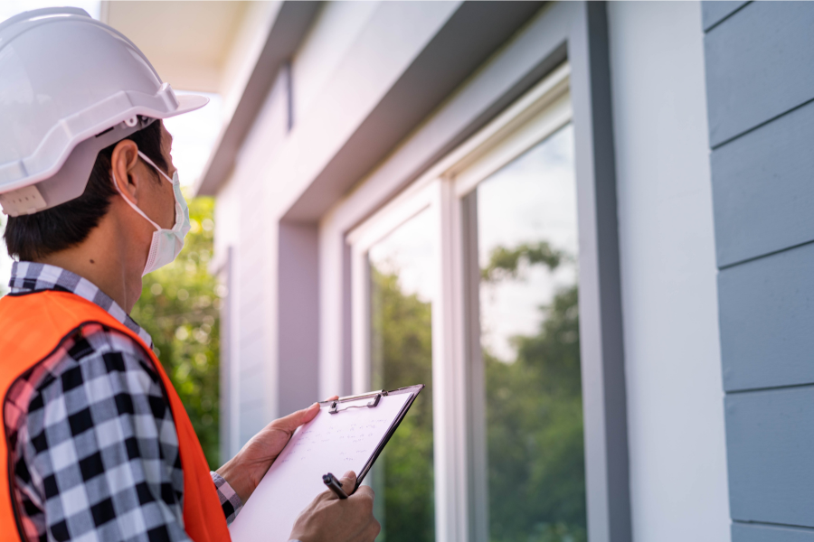 Man with white hard hat with clip board inspection house with blue siding