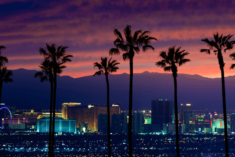 Las Vegas, NV at night with palm trees 