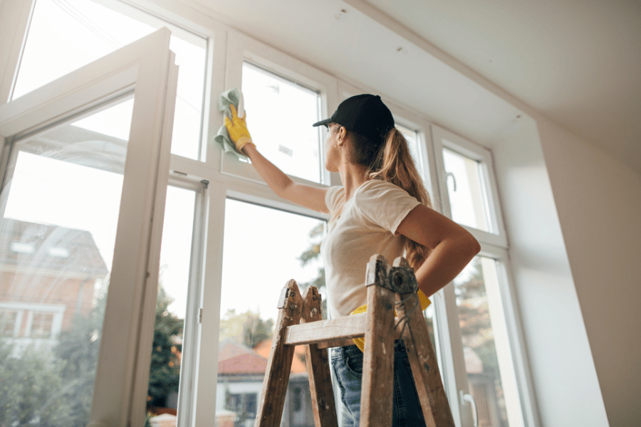 Cleaning windows and walls with cloth