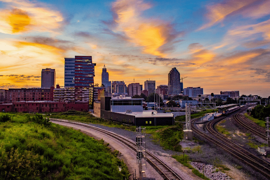 Downtown Raleigh view with orange sunset